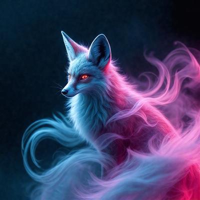The primary subject of the image is a blue and white fox with red eyes. The fox is standing in a purple and pink smoke-like background, which adds a surreal and dreamy atmosphere to the scene. The visual style of the image is a digital art or illustration, as it appears to be a painting or drawing with a vibrant color palette. The colors and mood of the image are vivid and captivating, creating a sense of wonder and enchantment.